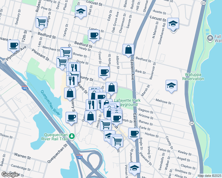 map of restaurants, bars, coffee shops, grocery stores, and more near 17 Thomas Street in Fall River