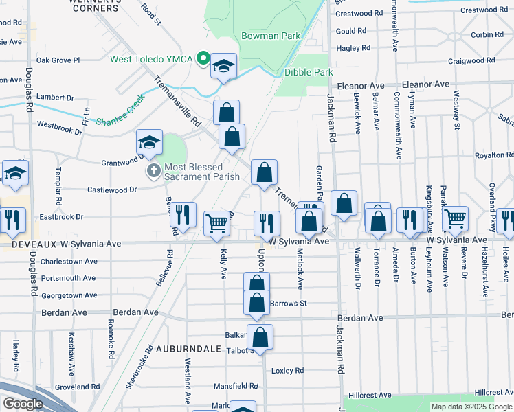 map of restaurants, bars, coffee shops, grocery stores, and more near 4109 Upton Avenue in Toledo