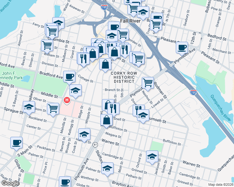 map of restaurants, bars, coffee shops, grocery stores, and more near 496 4th Street in Fall River