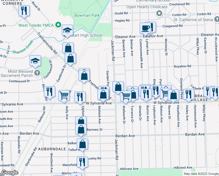 map of restaurants, bars, coffee shops, grocery stores, and more near 4106 Garden Park Drive in Toledo