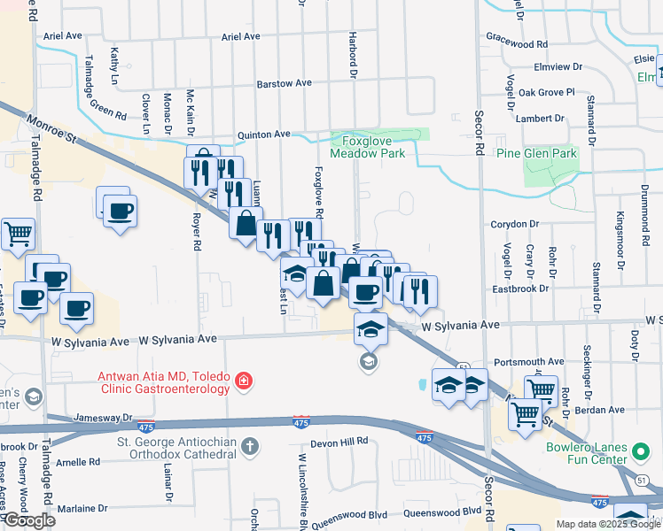 map of restaurants, bars, coffee shops, grocery stores, and more near 4751 Violet Road in Toledo