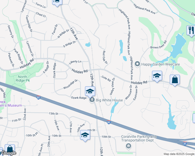 map of restaurants, bars, coffee shops, grocery stores, and more near 1435 Valley View Drive in Coralville