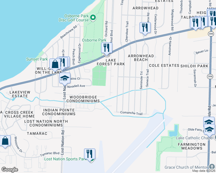 map of restaurants, bars, coffee shops, grocery stores, and more near 1150 Garden Rd in Willoughby