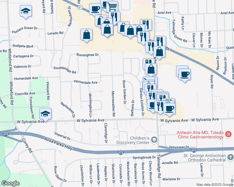 map of restaurants, bars, coffee shops, grocery stores, and more near 4144 Merriweather Road in Toledo