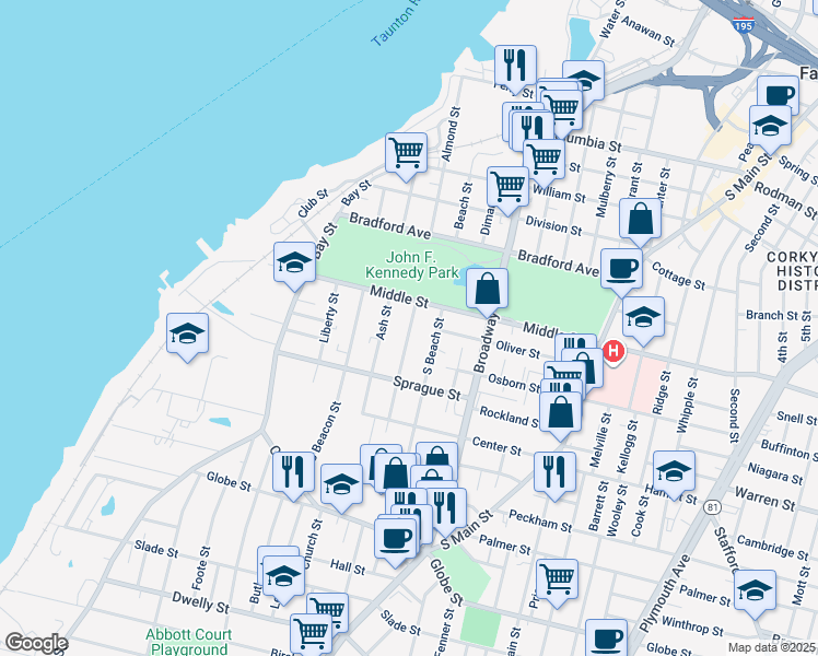 map of restaurants, bars, coffee shops, grocery stores, and more near 541 South Almond Street in Fall River