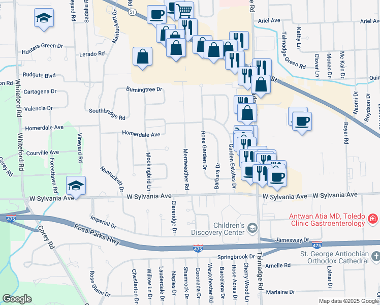 map of restaurants, bars, coffee shops, grocery stores, and more near 4144 Merriweather Road in Toledo