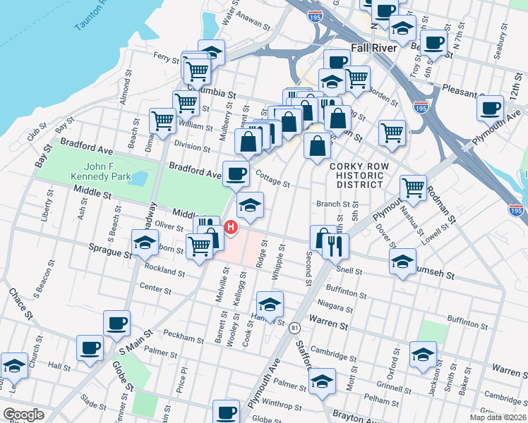 map of restaurants, bars, coffee shops, grocery stores, and more near 261 Ridge Street in Fall River
