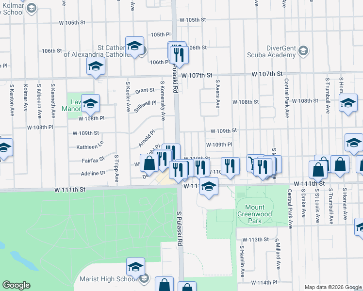 map of restaurants, bars, coffee shops, grocery stores, and more near 10929 South Pulaski Road in Chicago