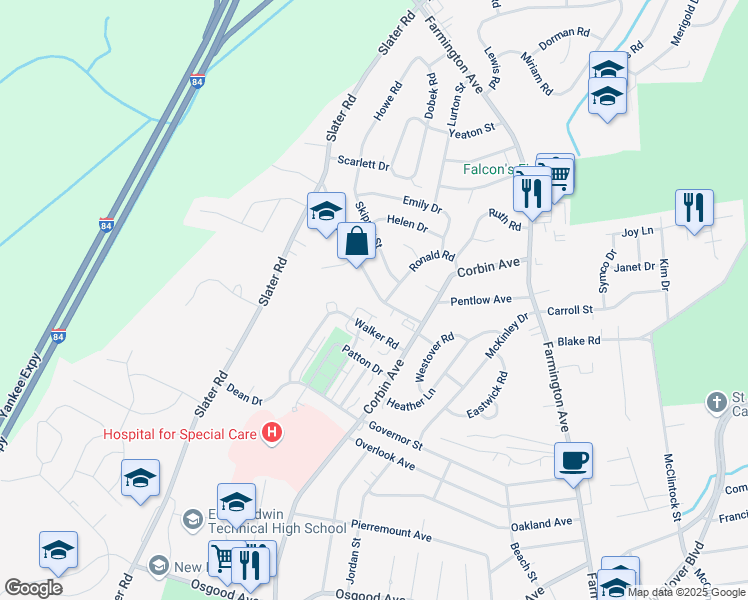 map of restaurants, bars, coffee shops, grocery stores, and more near 50 Horse Plain Road in New Britain