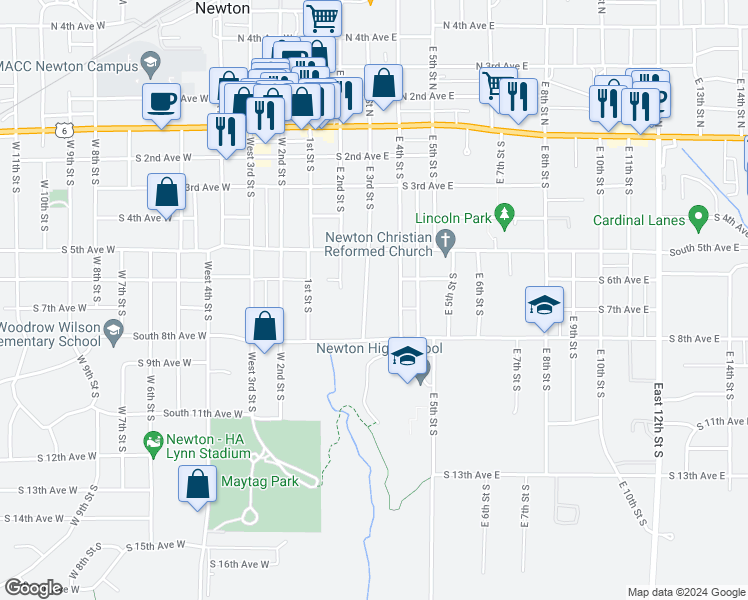 map of restaurants, bars, coffee shops, grocery stores, and more near 616 East 3rd Street South in Newton
