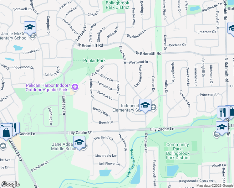 map of restaurants, bars, coffee shops, grocery stores, and more near 173 Shady Lane in Bolingbrook