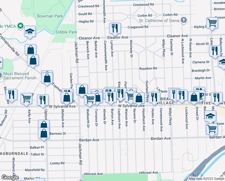 map of restaurants, bars, coffee shops, grocery stores, and more near 4109 Lyman Avenue in Toledo