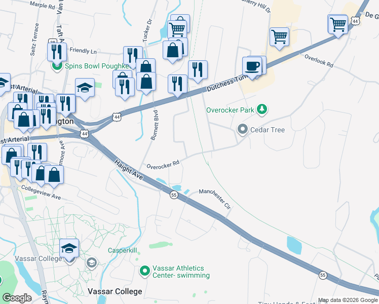 map of restaurants, bars, coffee shops, grocery stores, and more near 38 Mountainview Road in Arlington