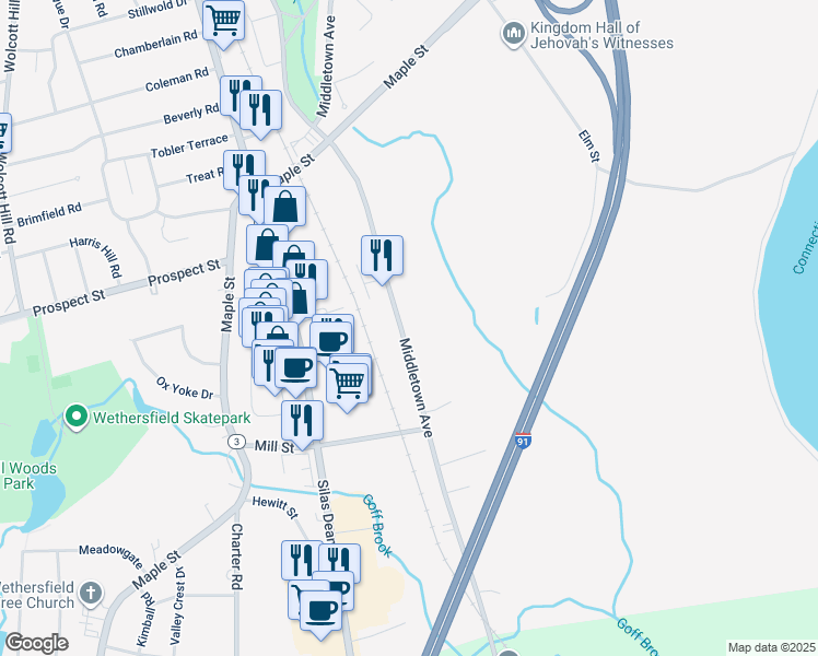 map of restaurants, bars, coffee shops, grocery stores, and more near 294 Middletown Avenue in Wethersfield
