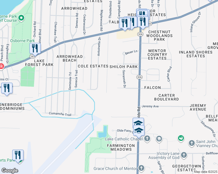 map of restaurants, bars, coffee shops, grocery stores, and more near 6511 Southgrove Road in Mentor