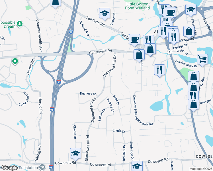 map of restaurants, bars, coffee shops, grocery stores, and more near 15 Octave Street in Warwick