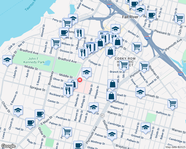 map of restaurants, bars, coffee shops, grocery stores, and more near 261 Ridge Street in Fall River