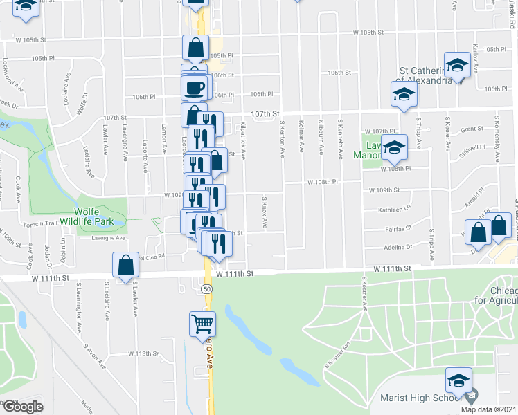 map of restaurants, bars, coffee shops, grocery stores, and more near 10912 South Knox Avenue in Oak Lawn