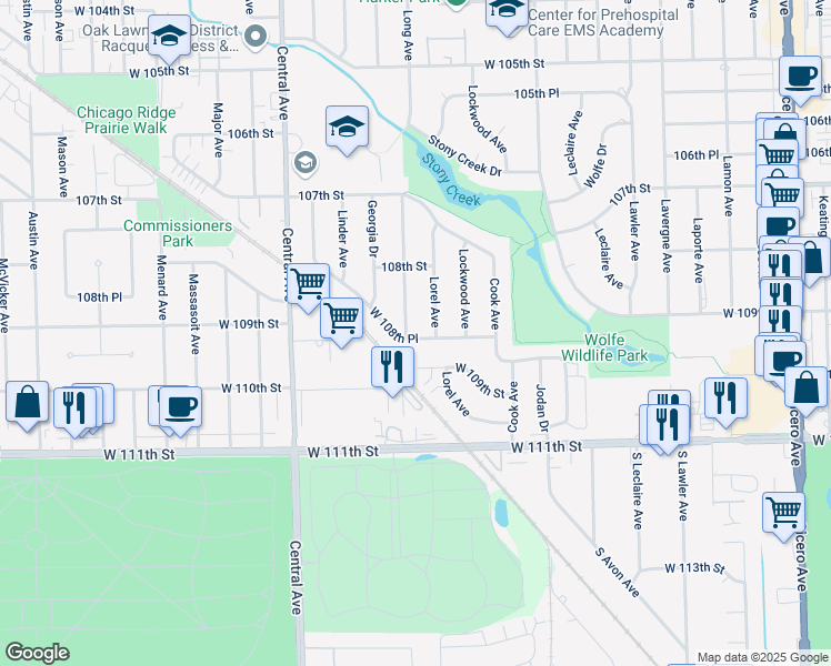 map of restaurants, bars, coffee shops, grocery stores, and more near 10845 Long Ave in Oak Lawn