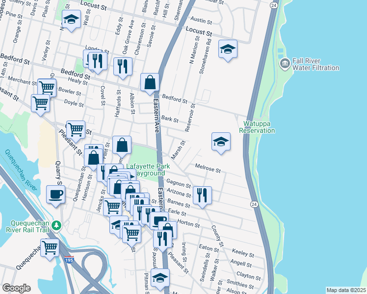 map of restaurants, bars, coffee shops, grocery stores, and more near 16 Marsh Street in Fall River