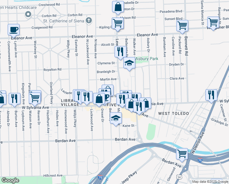 map of restaurants, bars, coffee shops, grocery stores, and more near 4114 Thornton Ave in Toledo