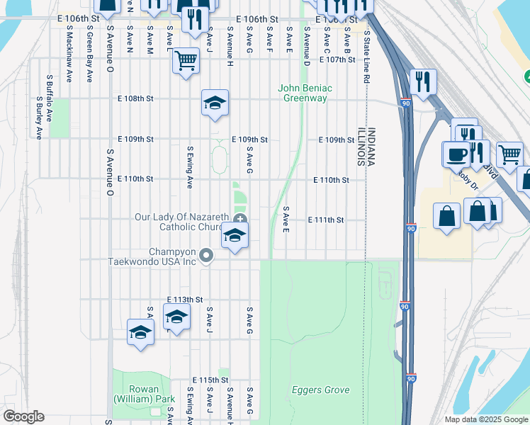 map of restaurants, bars, coffee shops, grocery stores, and more near 11050 South Avenue F in Chicago