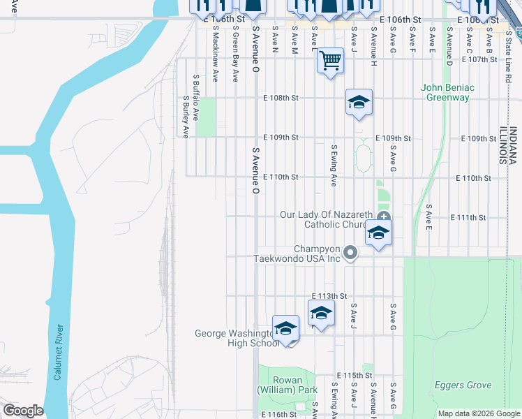 map of restaurants, bars, coffee shops, grocery stores, and more near 11051 South Avenue O in Chicago