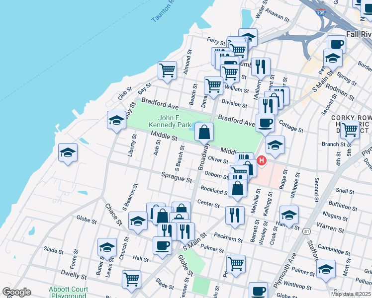 map of restaurants, bars, coffee shops, grocery stores, and more near 16 Oliver Street in Fall River