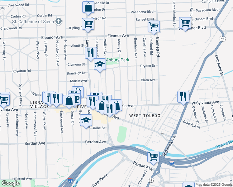 map of restaurants, bars, coffee shops, grocery stores, and more near 4044 Fairview Dr in Toledo