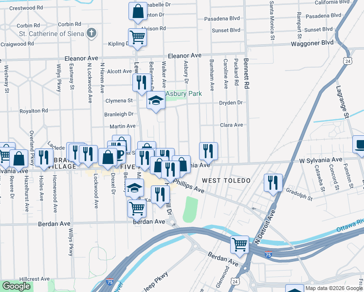 map of restaurants, bars, coffee shops, grocery stores, and more near 4044 Fairview Drive in Toledo