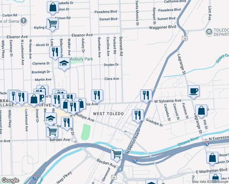 map of restaurants, bars, coffee shops, grocery stores, and more near 4044 Caroline Avenue in Toledo