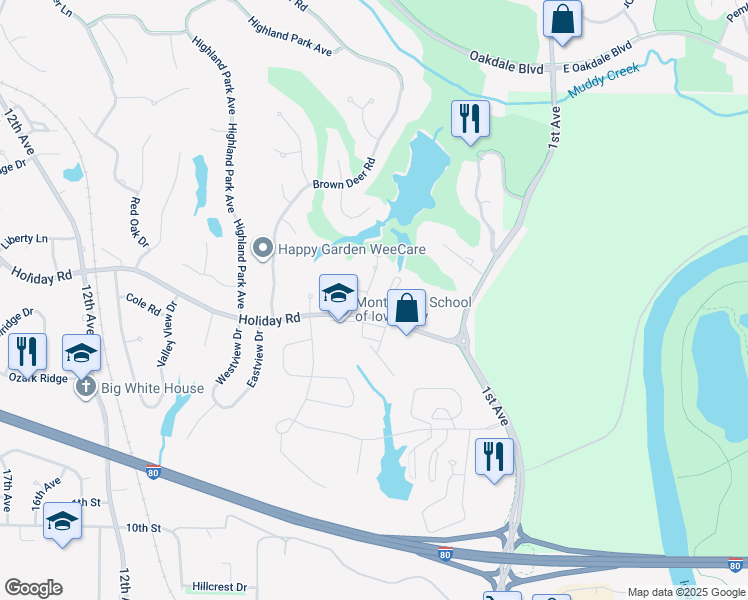 map of restaurants, bars, coffee shops, grocery stores, and more near 1503 Olde Hickory Road in Coralville