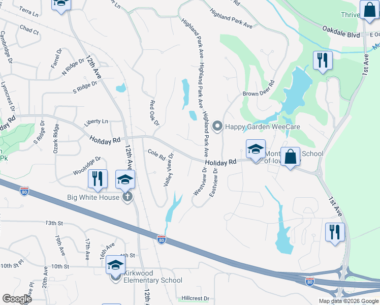 map of restaurants, bars, coffee shops, grocery stores, and more near 621 Holiday Road in Coralville