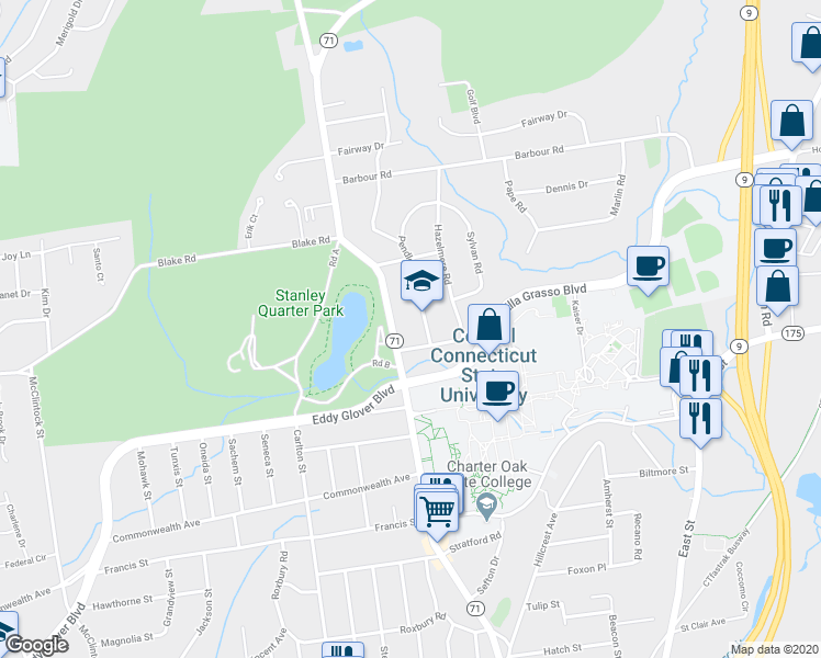 map of restaurants, bars, coffee shops, grocery stores, and more near 1735 Stanley Street in New Britain