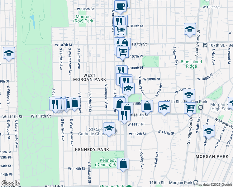 map of restaurants, bars, coffee shops, grocery stores, and more near 10949 South Artesian Avenue in Chicago