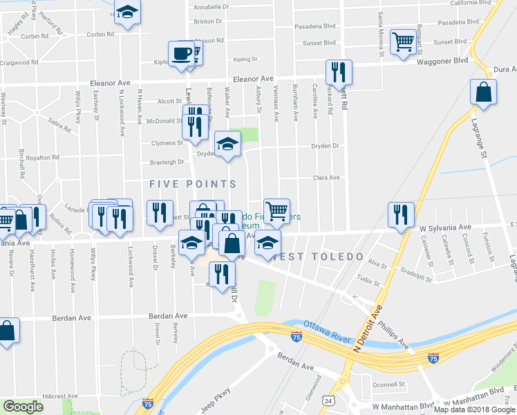 map of restaurants, bars, coffee shops, grocery stores, and more near 4043 Asbury Drive in Toledo