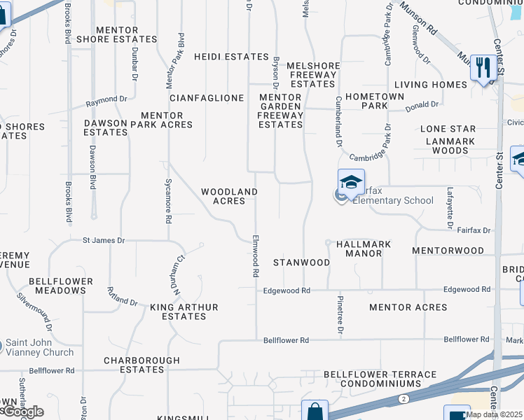 map of restaurants, bars, coffee shops, grocery stores, and more near 6499 Elmwood Road in Mentor