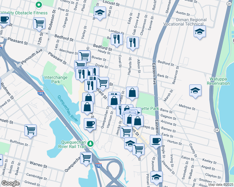 map of restaurants, bars, coffee shops, grocery stores, and more near 34 Canonicus Street in Fall River