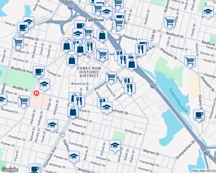 map of restaurants, bars, coffee shops, grocery stores, and more near 538 Plymouth Avenue in Fall River