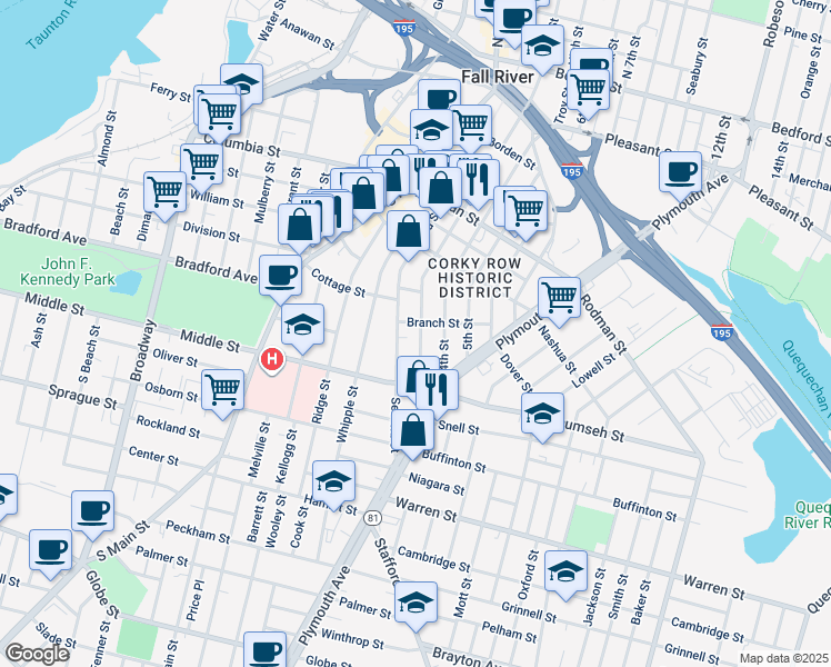 map of restaurants, bars, coffee shops, grocery stores, and more near 634 2nd Street in Fall River