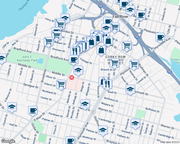 map of restaurants, bars, coffee shops, grocery stores, and more near 218 Whipple Street in Fall River