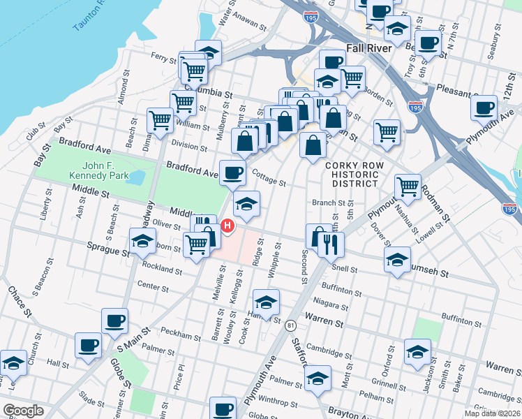 map of restaurants, bars, coffee shops, grocery stores, and more near 261 Ridge Street in Fall River
