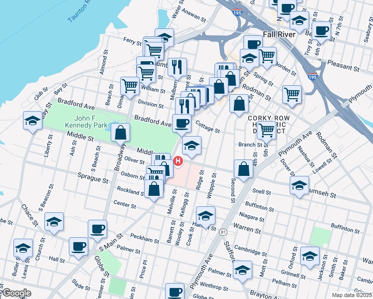 map of restaurants, bars, coffee shops, grocery stores, and more near 37 Park Street in Fall River
