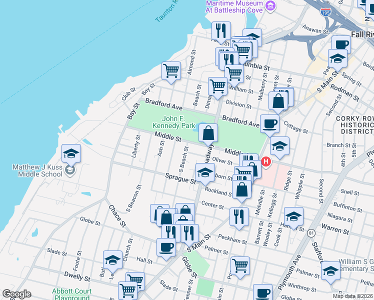 map of restaurants, bars, coffee shops, grocery stores, and more near 16 Oliver Street in Fall River