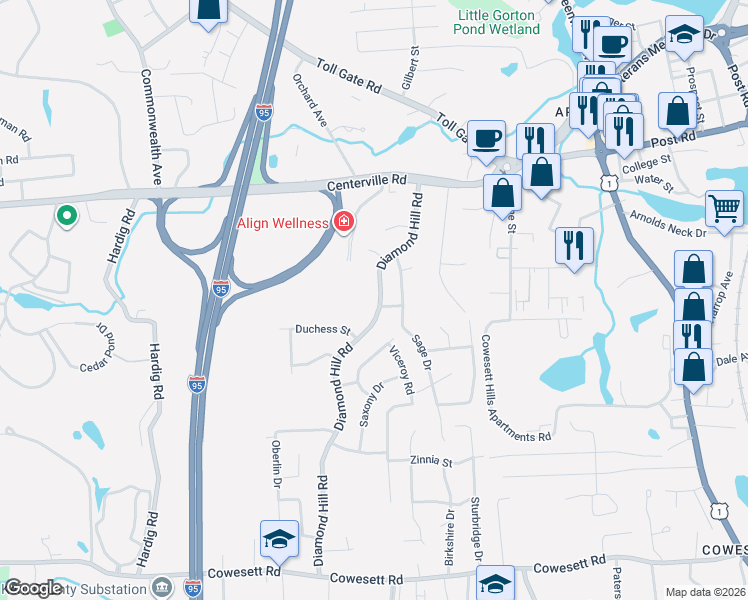 map of restaurants, bars, coffee shops, grocery stores, and more near 15 Octave Street in Warwick