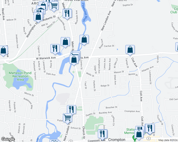 map of restaurants, bars, coffee shops, grocery stores, and more near 9 Bishop Street in West Warwick