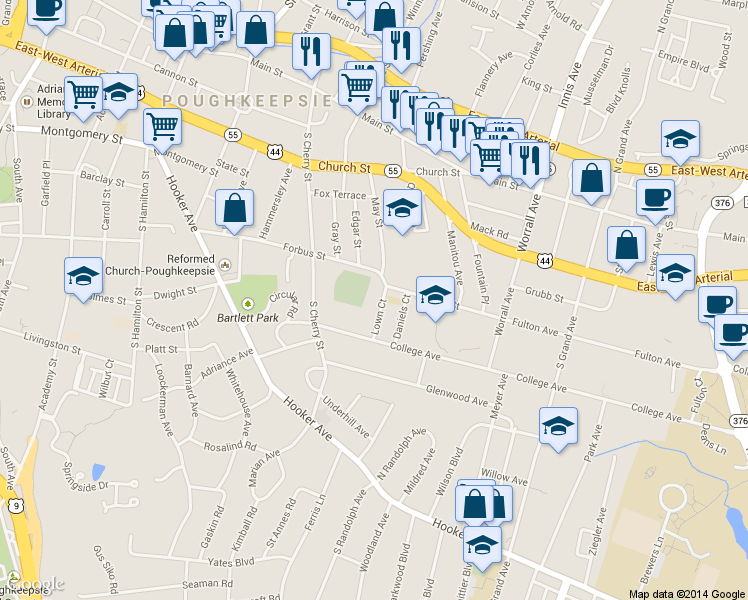 map of restaurants, bars, coffee shops, grocery stores, and more near 7 Lown Court in Poughkeepsie