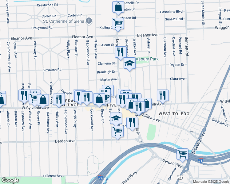 map of restaurants, bars, coffee shops, grocery stores, and more near 4114 Thornton Avenue in Toledo