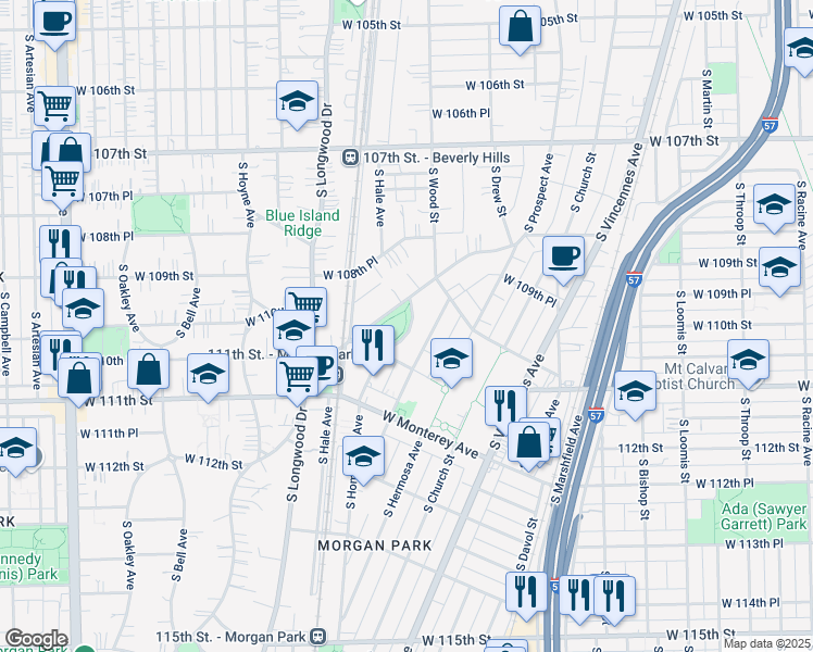 map of restaurants, bars, coffee shops, grocery stores, and more near 10959 South Homewood Avenue in Chicago