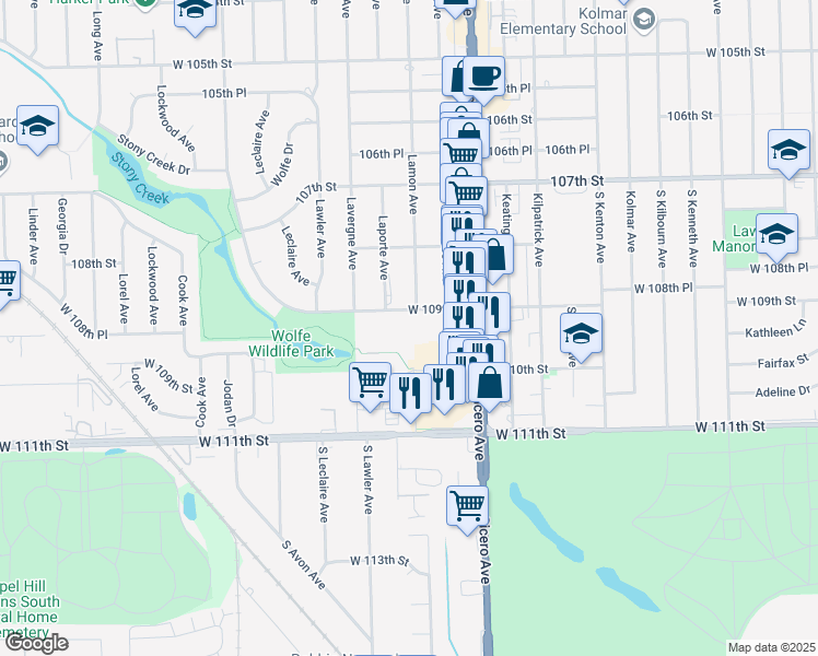 map of restaurants, bars, coffee shops, grocery stores, and more near 4817 West 109th Street in Oak Lawn